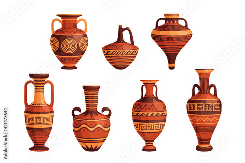 Ancient Greek vases and pots set. Decorative ornate Greece amphorae, jugs, urns, oil jars pottery objects cartoon design. Flat vector illustration. Traditional old Grecian ceramic earthenware concept