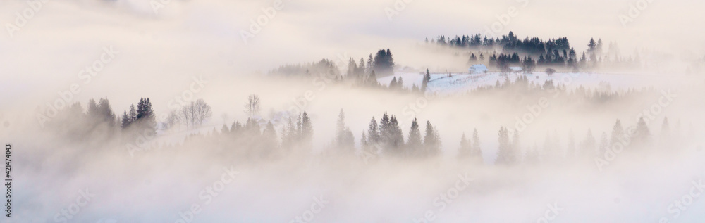 Mist on mountain hills panoramic view, banner.