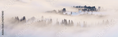 Mist on mountain hills panoramic view, banner.