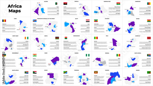 Africa vector maps country infographics set. Slides presentation templates with flags