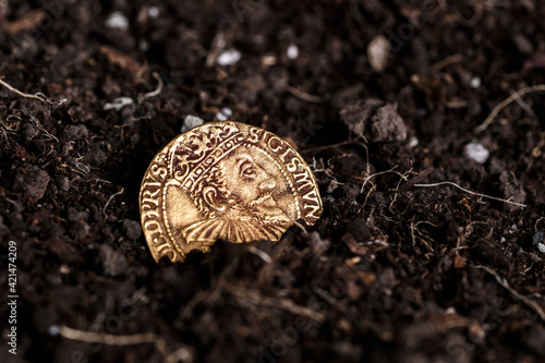 Closeup view of medieval European gold and silver coins.Old Polish coins.Zygmunt III Waza.Ancient gold and silver coins.Numismatics.silver coins covered in dirt.Antikvariat.