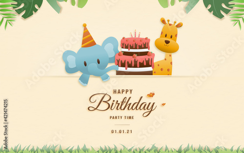 Cartoon happy birthday animals card. Greeting cards with cute safari or jungle animals elephant, giraffe and cake party in the tropical forest. Template invitation paper art style vector illustration.