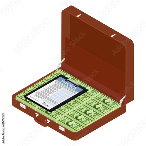 Brown briefcase, diplomat with million dollars and invoice document