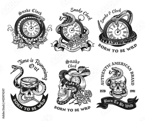 Monochrome labels with snakes and clocks vector illustration set. Retro emblems with metaphor of running out time. Wildlife and reptiles concept can be used for retro template