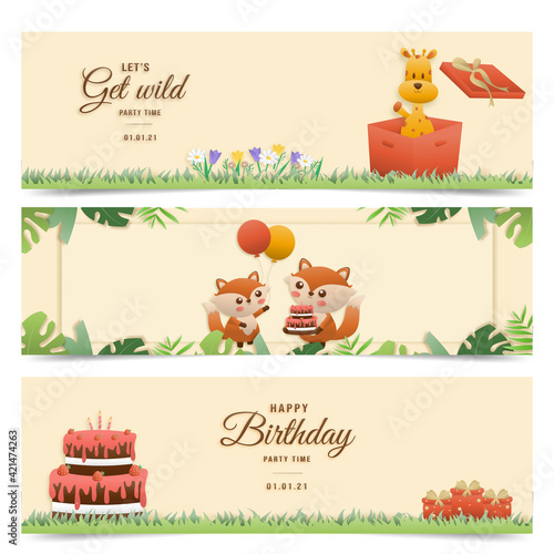 Invitation birthday greeting card with a cute animal. jungle animals celebrate children's birthday and template invitation paper art style vector illustration.	