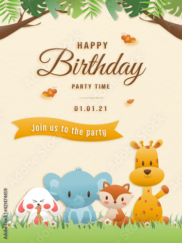 Cartoon happy birthday animals card. Greeting cards with cute safari or jungle animals party in the tropical forest. Template invitation paper art style vector illustration.	
