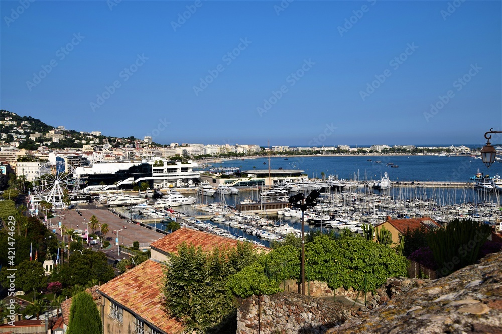 Aerial panoramic view of Old Port of Cannes,  La Croisette, sea and coast, South of France.