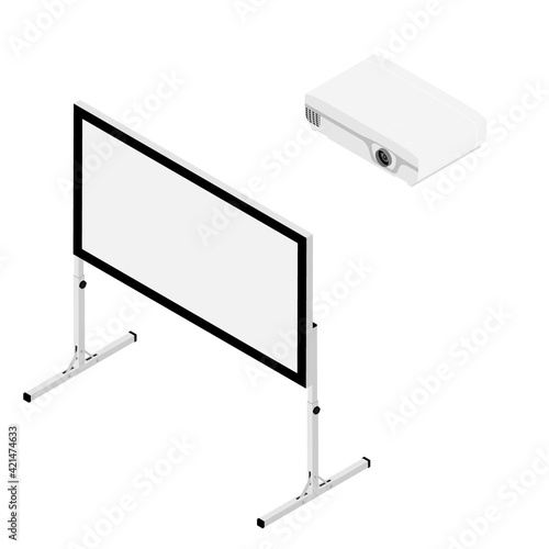 Projector and screen isometric view. Realistic video projector and white empty screen