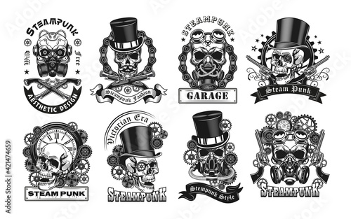 Vintage badges with steampunk skull vector illustration set. Monochrome labels with dead head in retro hat and gears. Steampunk style and Victorian era concept can be used for retro template photo