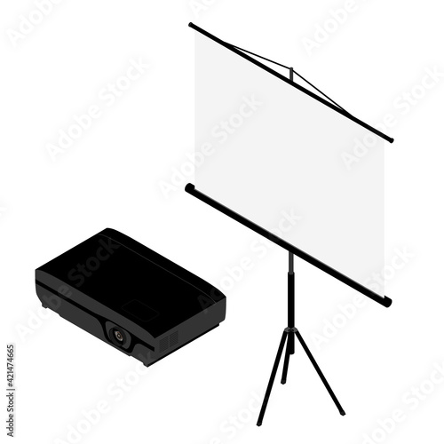 Projector and screen isometric view. Realistic video projector and white empty screen