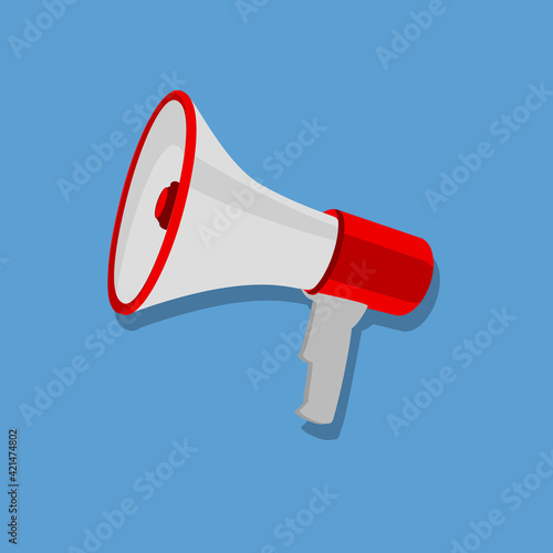 Red and white bullhorn public address megaphone isolated on blue background