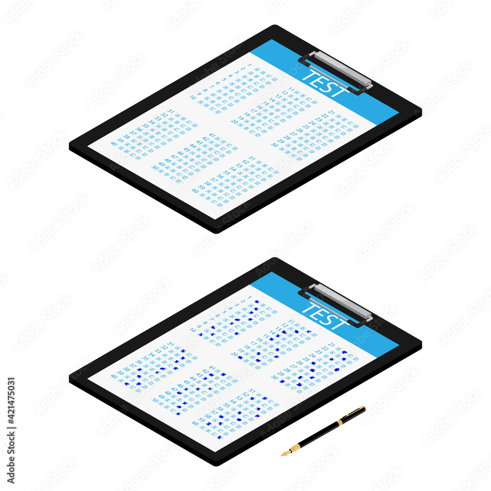Vector illustration isometric test, exam paper on clipboard and fountain pen. Exam, or survey concept icon. School test. School exam. Vector illustration isometric test, exam paper on clipboard and fountain pen. Exam, or survey concept icon. School test. School exam.