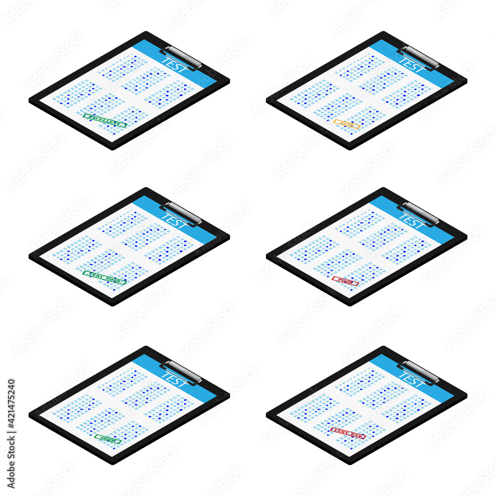 Test, exam paper on clipboard vector icon set isometric view. Exam, or survey concept icon. School test. School exam. Test, exam paper on clipboard vector icon set isometric view. Exam, or survey concept icon. School test. School exam.