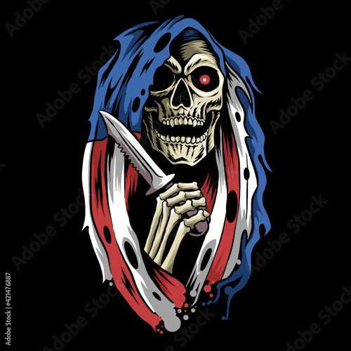 angel of death grim reaper with hood cloak american flag holding a dagger