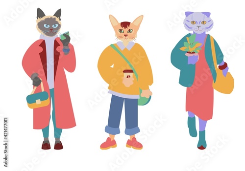 Antropomorphic cats girls dressed up casual street wear Set of cute characters Flat vector illustration