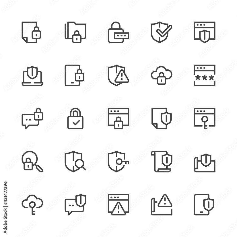 Simple Interface Icons Related to Data Protection. Data Security, Internet Security, Encryption. Editable Stroke. 32x32 Pixel Perfect.
