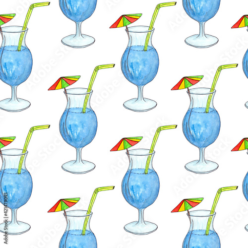 Seamless pattern with summer cocktail in a glass. Bright tropical blue drink decorated with an umbrella and a straw. Watercolor elements. Good for textile, paper print, cafe menu design and card decor