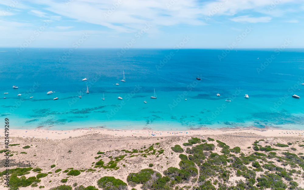 Front aerial of Formentera coastline  the Maldives of Europe in Ibiza Spain
