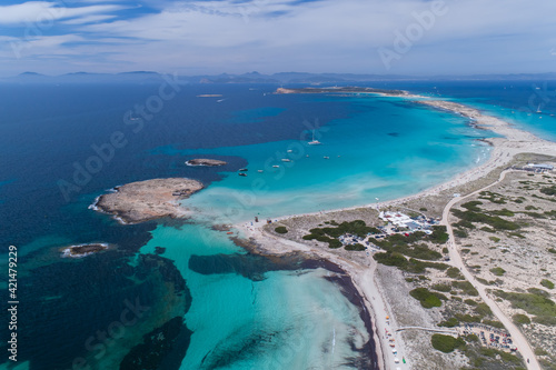 Amazing aerial of shore at Formentera the Maldives of Europe in Ibiza Spain with amazing land structure