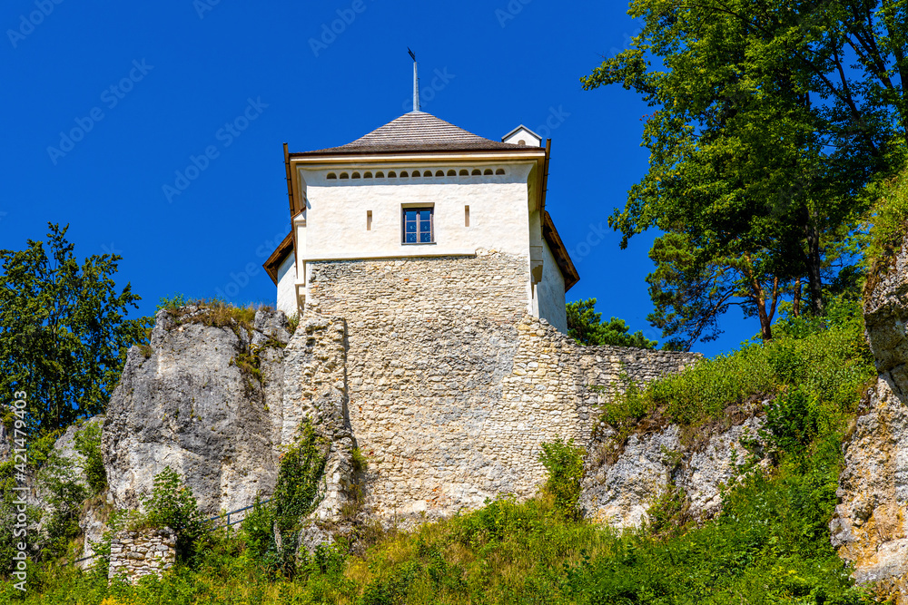 Limestone rocky defense walls and towers of medieval royal Ojcow Castle on Cracow-Czestochowa upland in Lesser Poland Limestone rocky defense walls and towers of medieval royal Ojcow Castle on Cracow-Czestochowa upland in Lesser Poland