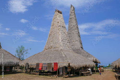 Fotografie Spectacular traditional high pyramidal thatched roofs houses with ocean backgrou