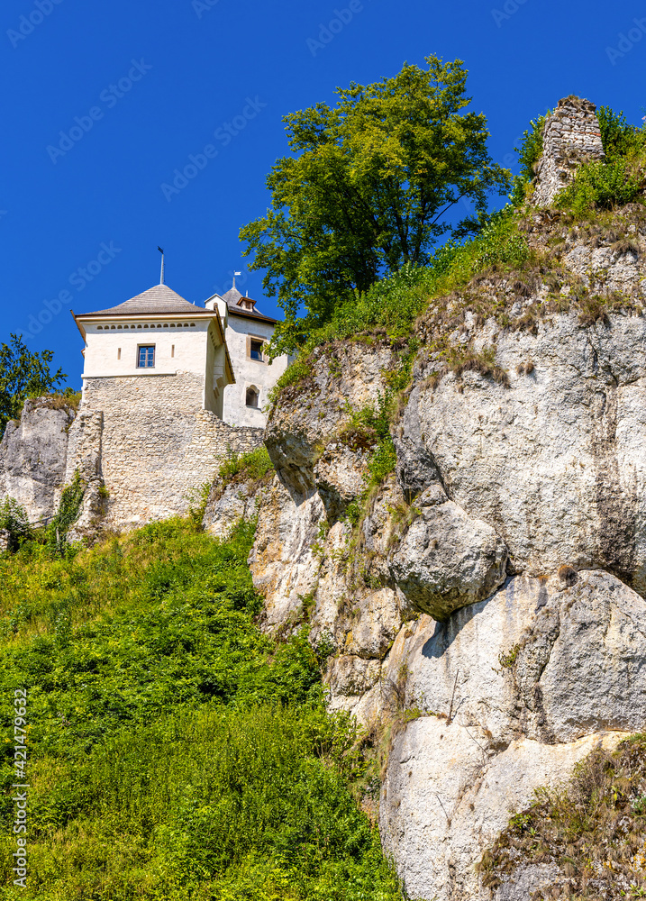 Limestone rocky defense walls and towers of medieval royal Ojcow Castle on Cracow-Czestochowa upland in Lesser Poland Limestone rocky defense walls and towers of medieval royal Ojcow Castle on Cracow-Czestochowa upland in Lesser Poland