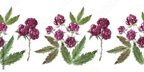 Watercolor seamless border with various berries, red currants, blackberries, blueberries and cherries