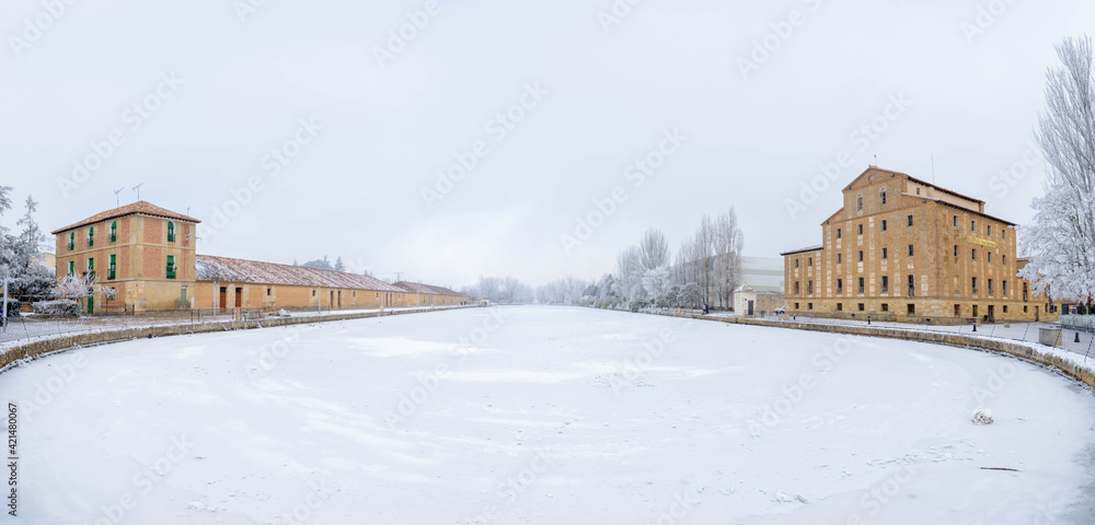 Frozen Castile Canal dock in Medina de Rioseco, Valladolid, Castile and Leon, Spain