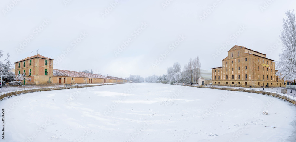 Frozen Castile Canal dock in Medina de Rioseco, Valladolid, Castile and Leon, Spain Frozen Castile Canal dock in Medina de Rioseco, Valladolid, Castile and Leon, Spain