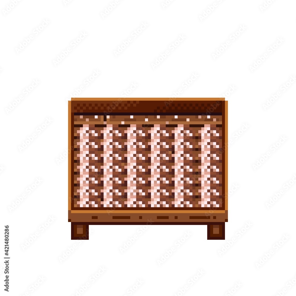 Vegetable shop pixel art. Mushrooms in a wooden crate. Mushrooms, food pixel art icon isolated on white background. Mushroom stall. Showcase with vegetable waste. Vector illustration. Vegetable shop pixel art. Mushrooms in a wooden crate. Mushrooms, food pixel art icon isolated on white background. Mushroom stall. Showcase with vegetable waste. Vector illustration.