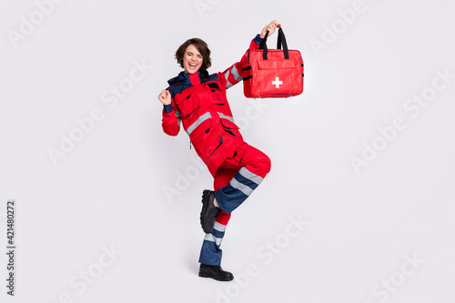 Photography Full size photo of hooray nice brunette lady with bag hands fists wear uniform i