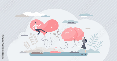 Mind heart connection moment as logic and emotion socket tiny person concept