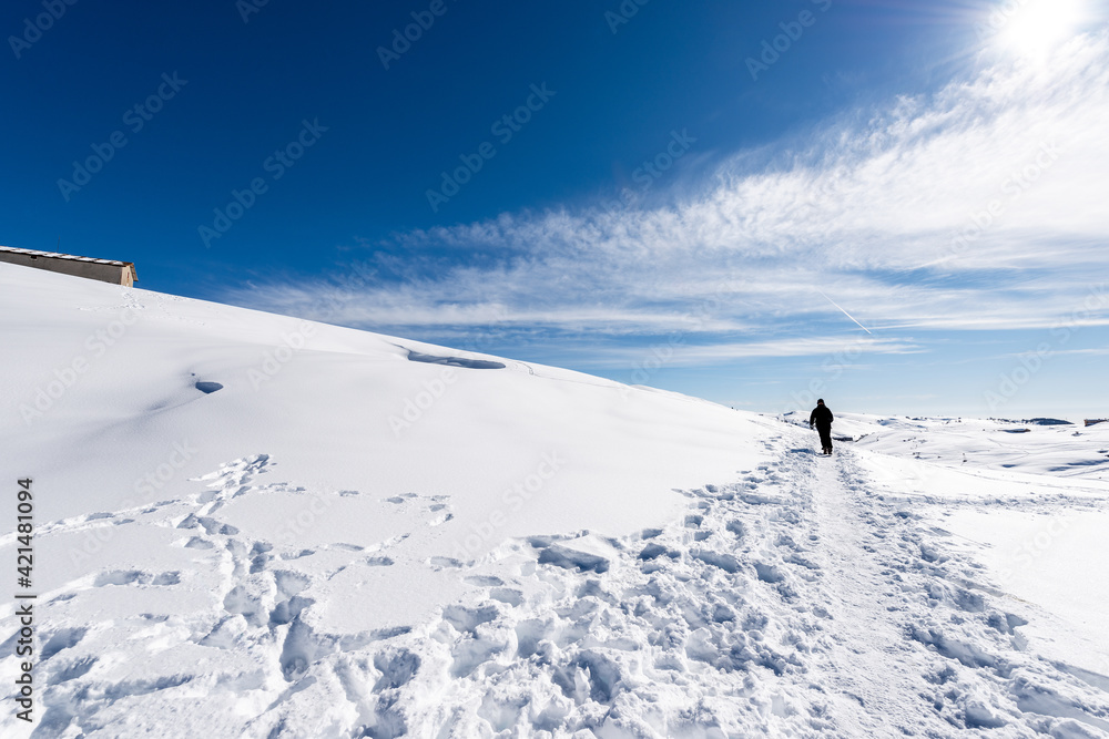 Snowy footpath in winter on the Lessinia Plateau (Altopiano della Lessinia), Regional Natural Park, near Malga San Giorgio, ski resort in Verona province, Bosco Chiesanuova, Veneto, Italy, Europe.