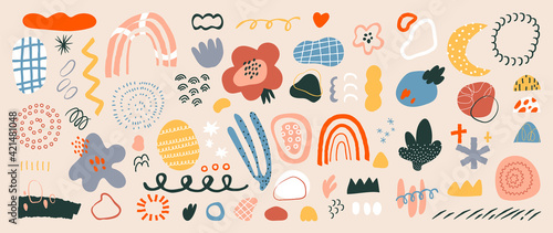 Abstract art background vector. Creative Hand drawn various shapes and doodle object elements for kids and school cover, abstract wall art for home decor,earth tone wallpaper,prints and pattern design