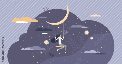 Dreaming with sweet night dreams as bedtime relax sleep tiny person concept
