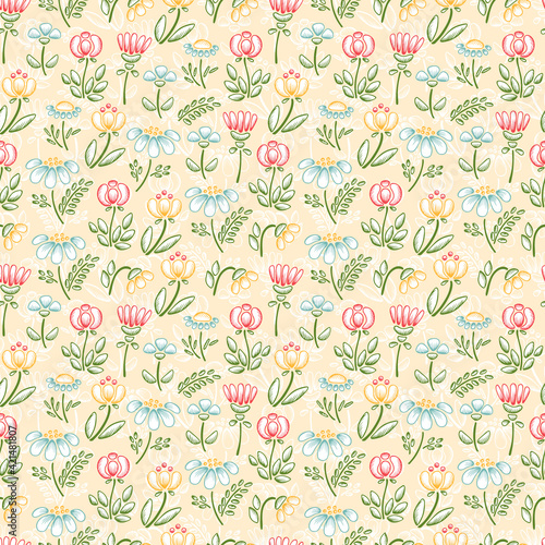 Wallpaper Mural Wildflowers Vector Seamless pattern. Floral background with Hand drawn doodle Wild Flowers.
 Torontodigital.ca