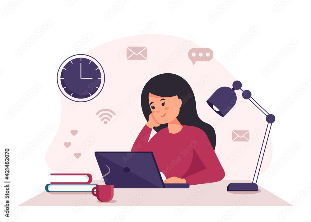 Home office concept, woman with laptop working from home, student or freelancer. Home office concept, woman with laptop working from home, student or freelancer.