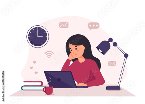 Home office concept, woman with laptop working from home, student or freelancer.