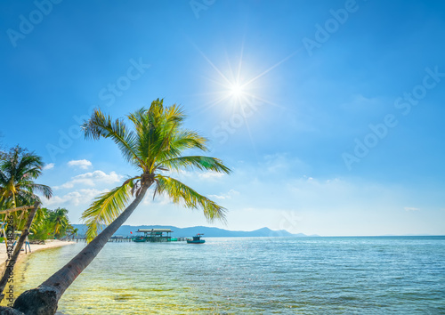 Sunny seascape with tropical palms on beautiful sandy beach in Phu Quoc island, Vietnam. This is one of the best beaches of Vietnam.