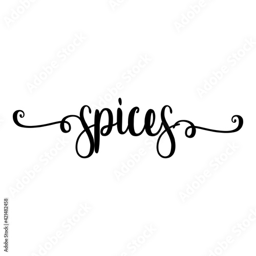 Banner con texto manuscrito spices escrito a mano con florituras en color negro