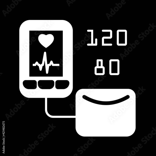 Isolated white tonometer icon on black background. Design element for poster, banner, clothes. Simple flat style. Vector illustration.