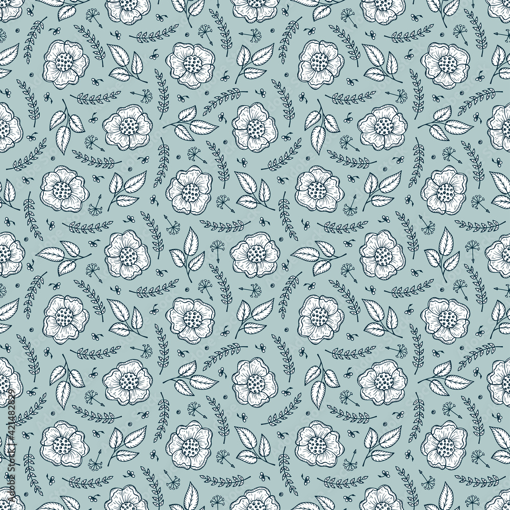 Naklejka premium Daisies. Vintage Floral Seamless Pattern. Cosmos Flower. Small White Flowers on Turquoise Background. Vector illustration 