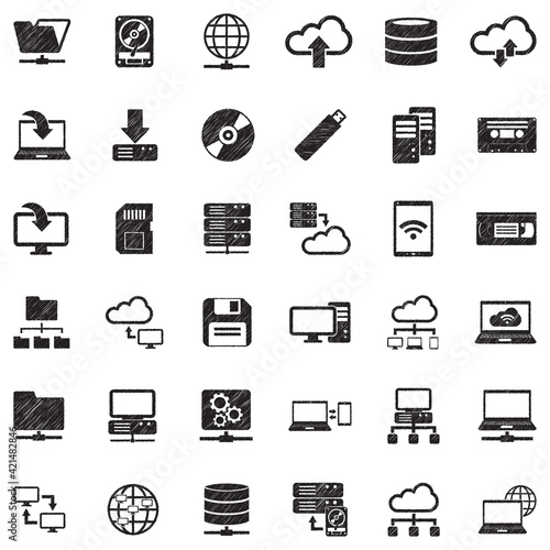 Data Storage Icons. Black Scribble Design. Vector Illustration.