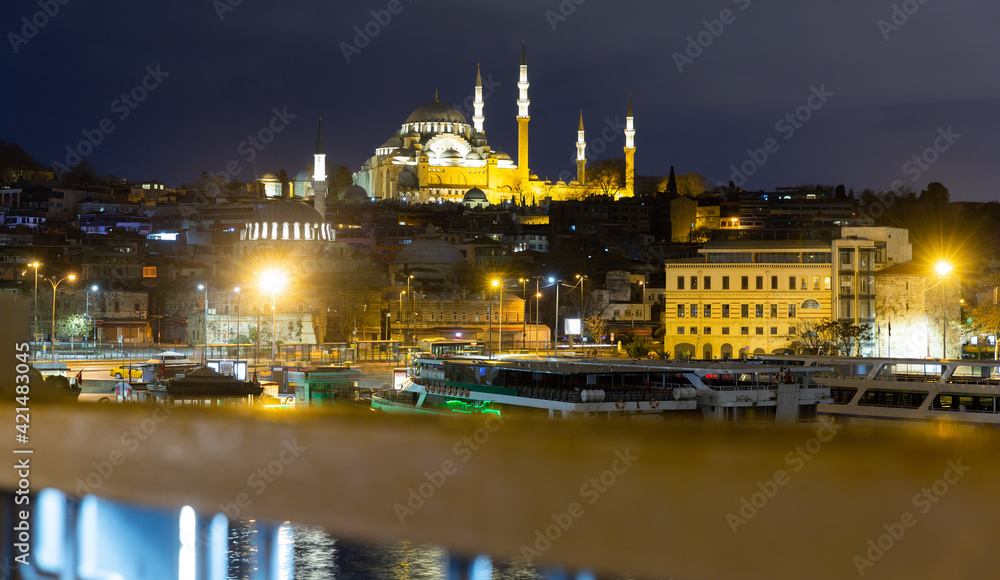 Suleymaniye Mosque view at night in Istanbul, Turkey