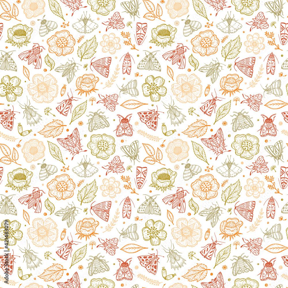 Vector Seamless Pattern with Night Butterflies and Plants. Vintage Floral Background. Hand Drawn Moths, Flowers, Leaves, Sprigs, Seeds.
Vector Seamless Pattern with Night Butterflies and Plants. Vintage Floral Background. Hand Drawn Moths, Flowers, Leaves, Sprigs, Seeds.