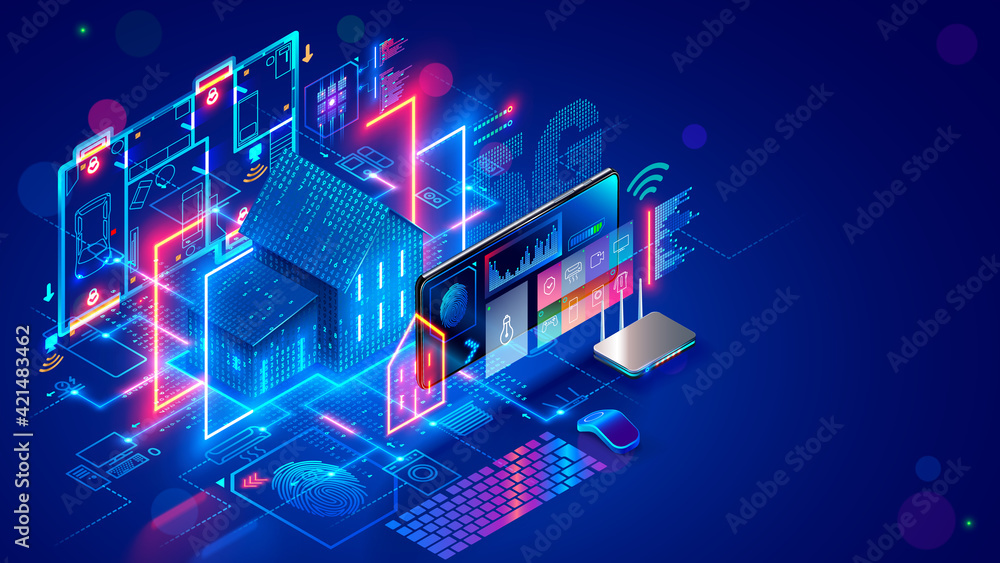 Smart home system develop. Internet of things. Engineering design digital infrastructure of house, configuration scripting of work smart devices. Phone app control IOT through 5g internet connection. - obrazy, fototapety, plakaty 