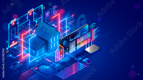 Smart home system develop. Internet of things. Engineering design digital infrastructure of house, configuration scripting of work smart devices. Phone app control IOT through 5g internet connection.