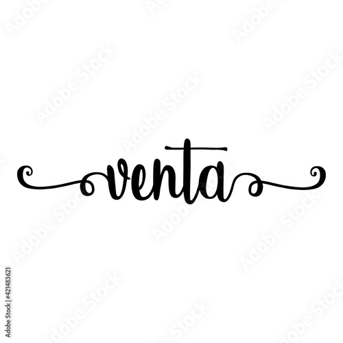 Banner con texto manuscrito venta en español escrito a mano con florituras en color negro