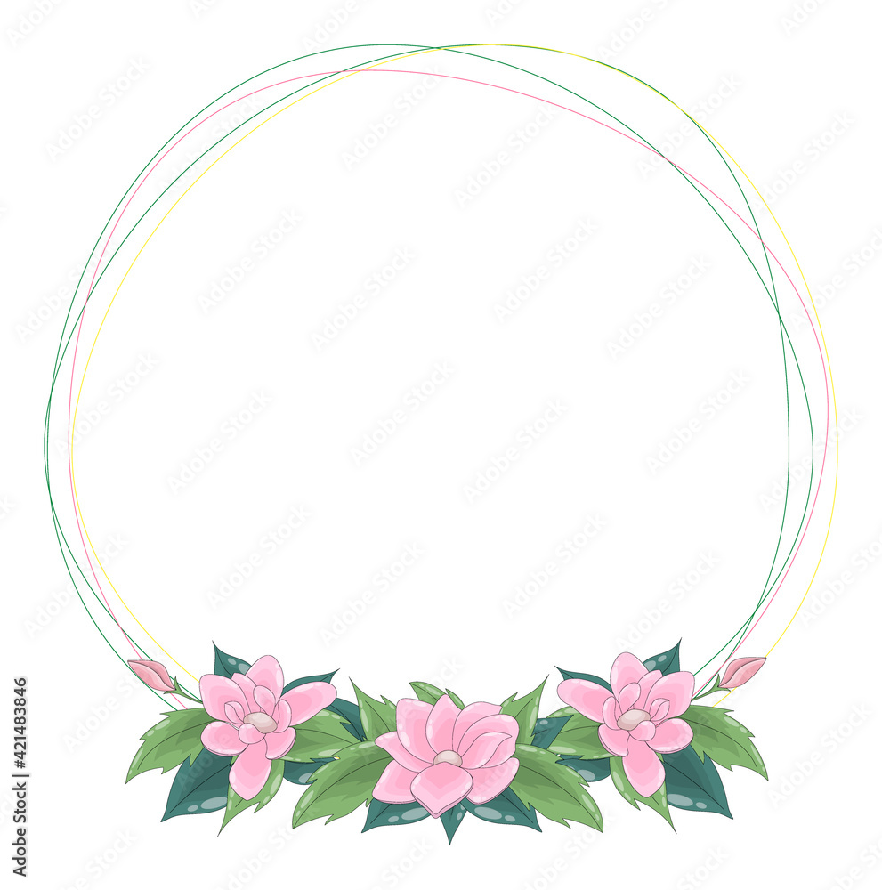 Round frame of spring delicate pink flowers richly decorated with green fresh leaves. Wedding wreath with place for text Round frame of spring delicate pink flowers richly decorated with green fresh leaves. Wedding wreath with place for text