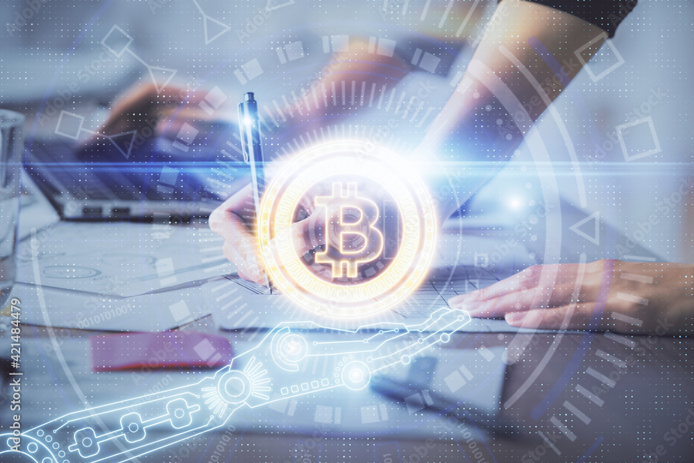 Double exposure of woman hands typing on computer and crypto market theme hologram drawing. Blockchain concept. Double exposure of woman hands typing on computer and crypto market theme hologram drawing. Blockchain concept.